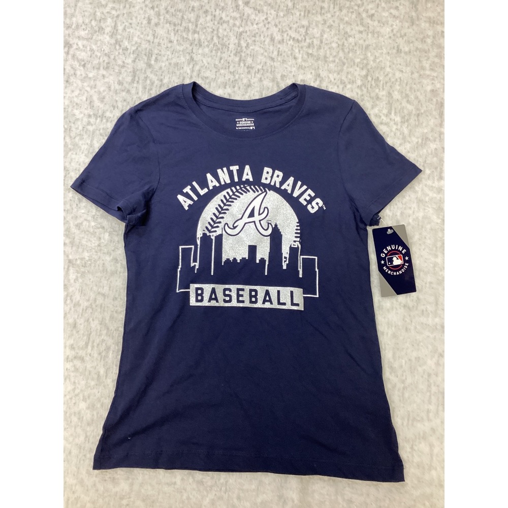 Atlanta Braves Girls Navy Blue Glitter Skyline Baseball T-Shirt Size L 10/12 NEW
